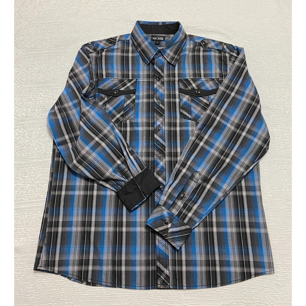 Tool Jeans Roll Tab Long Sleeve Western Shirt Mens Size L Plaid Blue Black